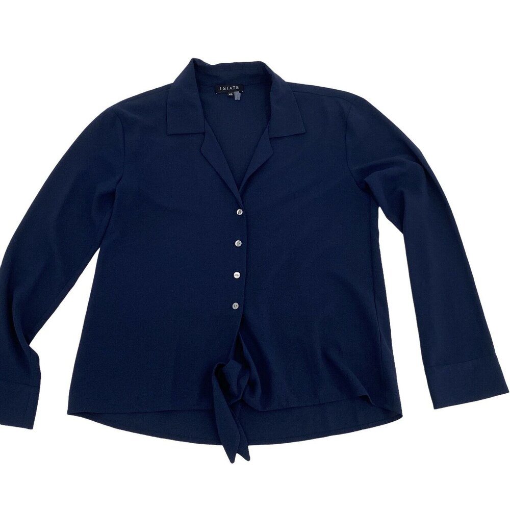 1. State Womens Blue Long Sleeve Notch Collar Casual Button Up Shirt Size XS